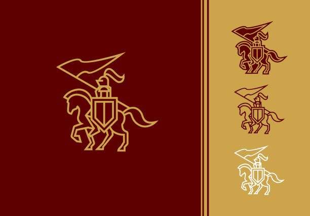 ilustrações de stock, clip art, desenhos animados e ícones de vintage thin line golden knight on a horse design concept vector icon - chess knight