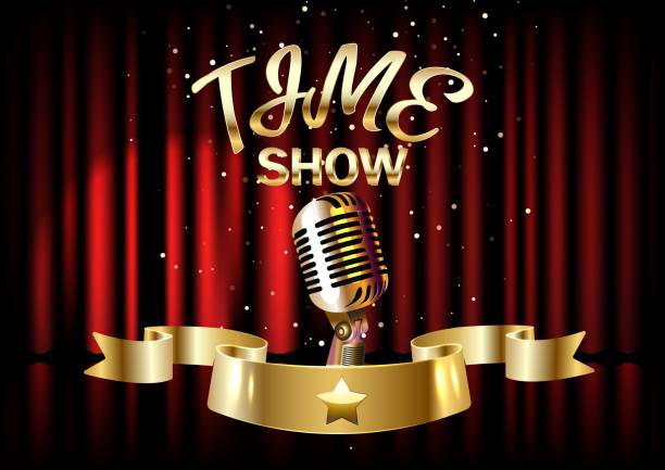 istock Gold retro microphone with text show time on red velvet curtains. 1283129853
