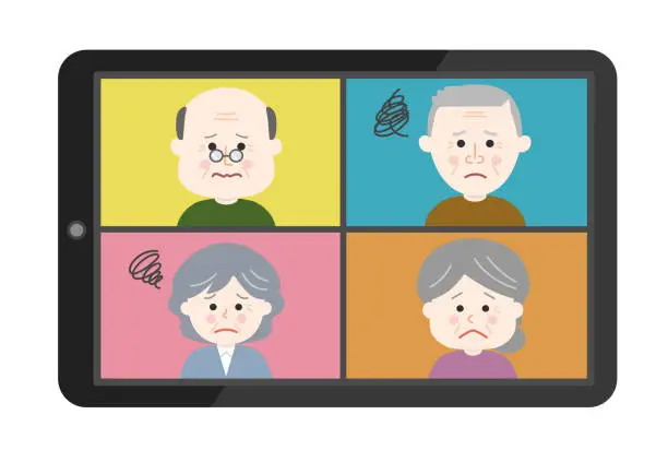 Vector illustration of People getting stressed from an online party on tablet or smartphone.