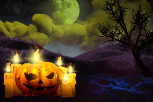 istock Halloween multi colored scary night texture - background design template 3D illustration with pumpkin candle on left and free space on the right, trick or treat concept 1283133877