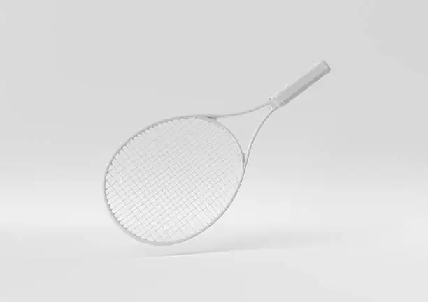 Creative minimal paper idea. Concept white tennis racket with white background. 3d render, 3d illustration.