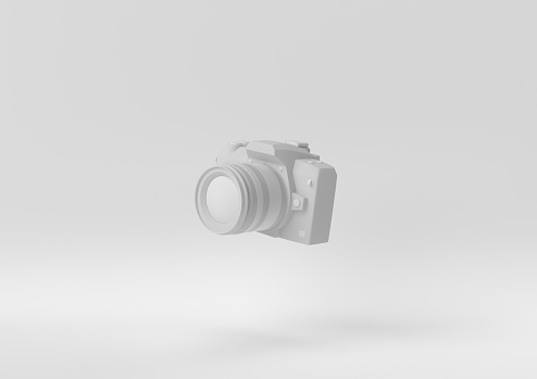 Creative minimal paper idea. Concept white camera with white background. 3d render, 3d illustration.