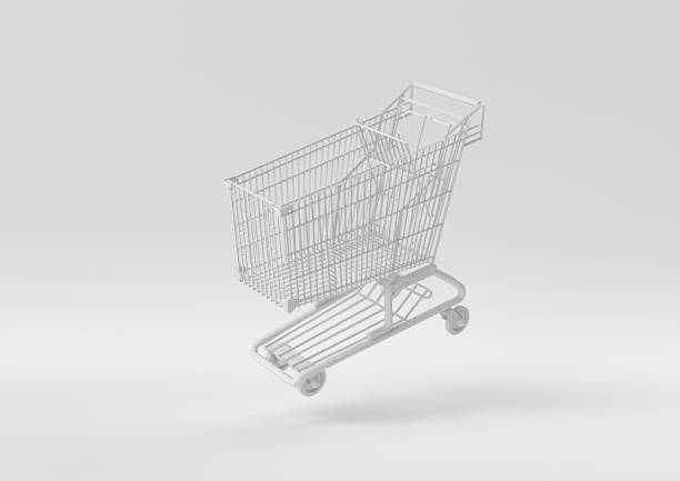 Creative minimal paper idea. Concept white shopping cart with white background. 3d render, 3d illustration.