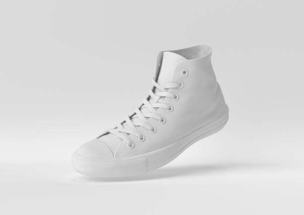 idea creativa de papel minimalista. concepto de zapato blanco con fondo blanco. renderizado 3d, ilustración 3d. - shoe single object isolated red fotografías e imágenes de stock