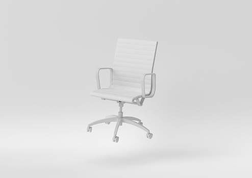 Creative minimal paper idea. Concept white office chair with white background. 3d render, 3d illustration.