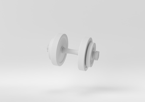Creative minimal paper idea. Concept white fitness equipment with white background. 3d render, 3d illustration.