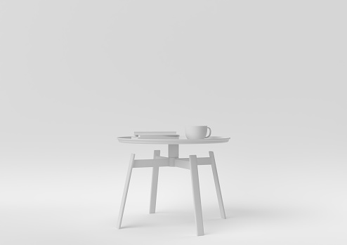 Creative minimal paper idea. Concept white coffee table with white background. 3d render, 3d illustration.