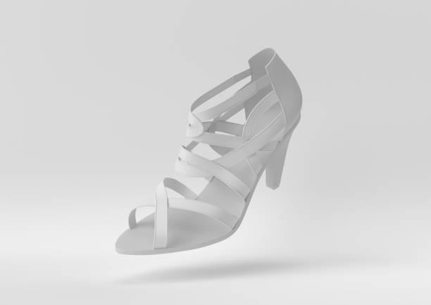 idea creativa de papel minimalista. concepto de zapato blanco con fondo blanco. renderizado 3d, ilustración 3d. - shoe single object isolated red fotografías e imágenes de stock