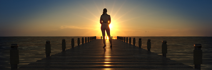 Wooden bridge in a sunset with business woman. 3d rendering