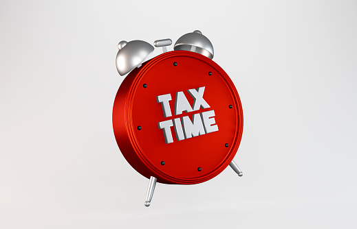 3D Red Metallic Alarm Clock And Tax Time Message. Time Concept. Horizontal composition with copy space.