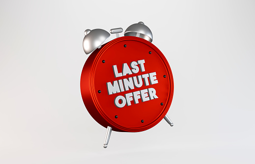 3D Red Metallic Alarm Clock And Last Minute Offer Message. Marketing And Sale Concept. Horizontal composition with copy space.