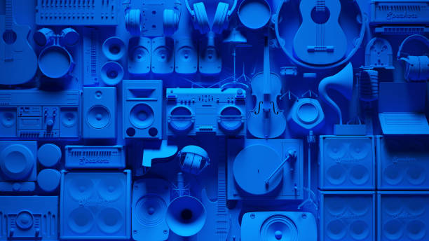 blaue musikinstrumentenwand - musik stock-fotos und bilder