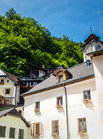 Traditional wooden houses on the mountain slope in Hallstatt, Unesco World Culture Heritage site, Austria