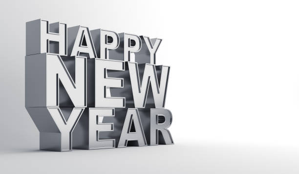 istock Happy new year 2021 silver chrome text 3d rendering illustration on white background, copy space 1283146384