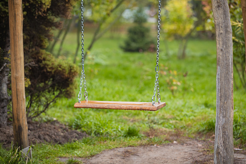 An old wooden swing sitting in a lush backyard. wooden swing on chains at the garden