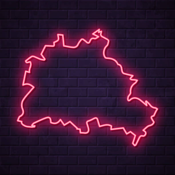 Map of Berlin in a realistic neon sign style. The map is created with a pink glowing neon light on a dark brick wall. Modern and trendy illustration with beautiful bright colors. Vector Illustration (EPS10, well layered and grouped). Easy to edit, manipulate, resize or colorize.