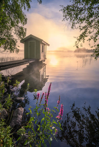 Photo of Beautiful morning landscape with little swim cottage, pier and foggy sunrise in lakeside Finland