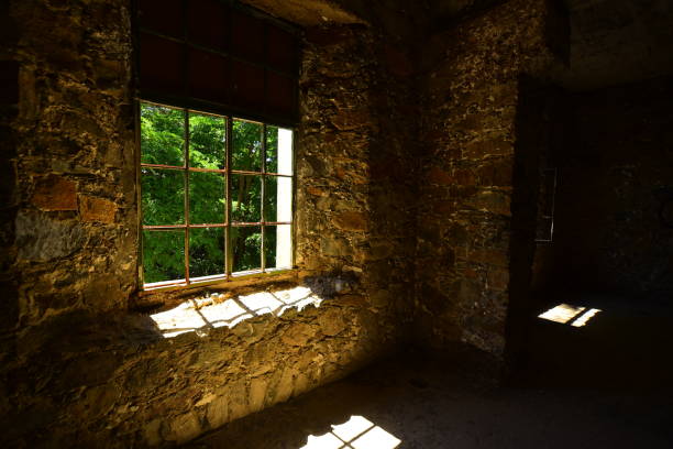 istock Angled view of glassless window frame grid with trees outside 1283149877