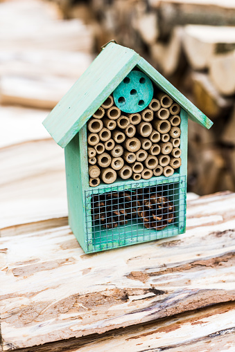 Rustic shelter for mason bees - DIY beehive (bee house) made of natural materials. Concept of eco friendly beekeeping and insect hotel