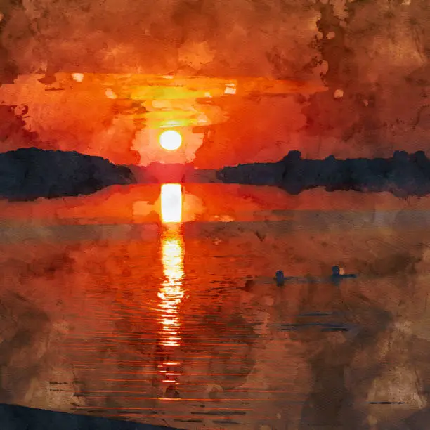 Red-orange sunset (sunrise) in the water. The sun setting in the sea, lake, river in watercolor technique.