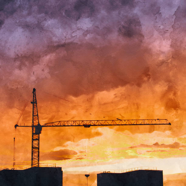 istock Tower construction crane on the background of red-orange sunset 1283152050