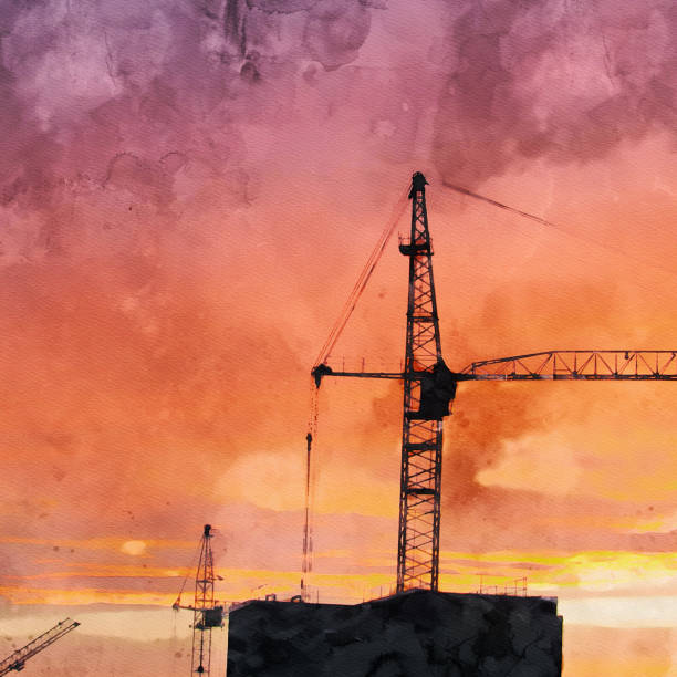 istock Tower construction crane on the background of red-orange sunset 1283152058