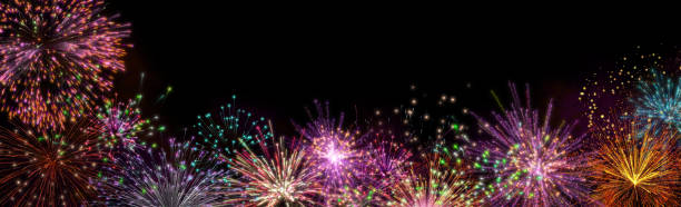 istock Realistic 3D illustration colorful firework pyrotechnic night dark sky with smoke on isolated black background wallpaper use celebrate happy new year 2021 countdown festival anniversary birthday party 1283152099