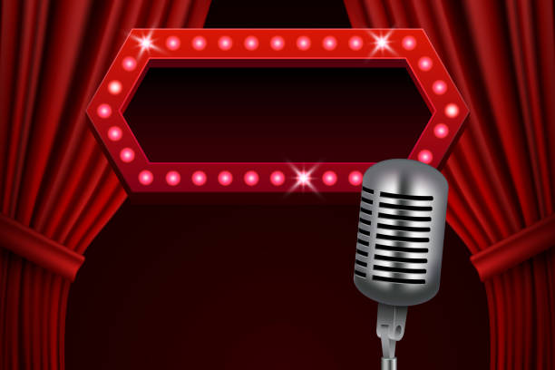 istock Abstract retro background with red curtains and vintage microphone 1283156755