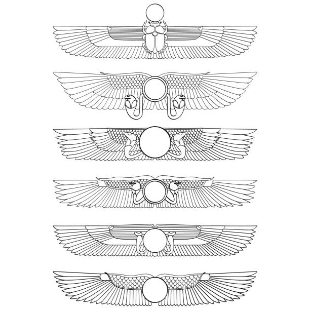 vektor monochrome icon gesetzt mit alten ägyptischen symbol geflügelte sonne - sun temple stock-grafiken, -clipart, -cartoons und -symbole