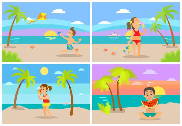 Vector illustration of Kids at Beach Seaside Coastal Vacations Flat Style
