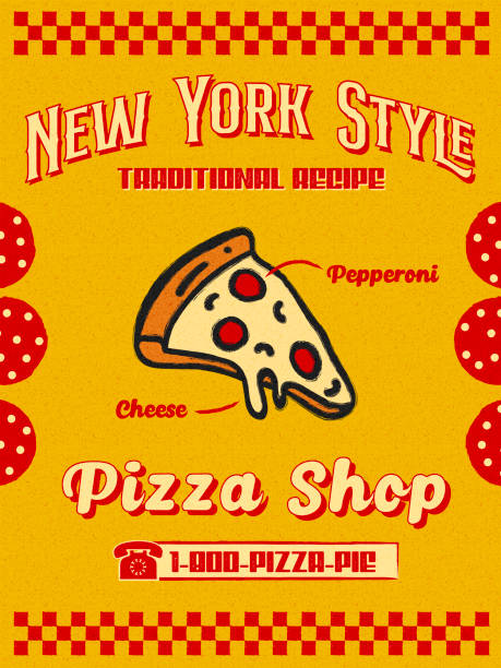 Bright Hand Drawn Pizzeria Promo Flyer or Poster with Slice of Pepperoni Pizza Icon in Yellow and Red Retro Style Textured Grain Paper Background vector art illustration