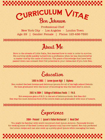 Red Chef or Cook Job Resume or Curriculum Vitae Template in Clean Retro Diner Menu Style