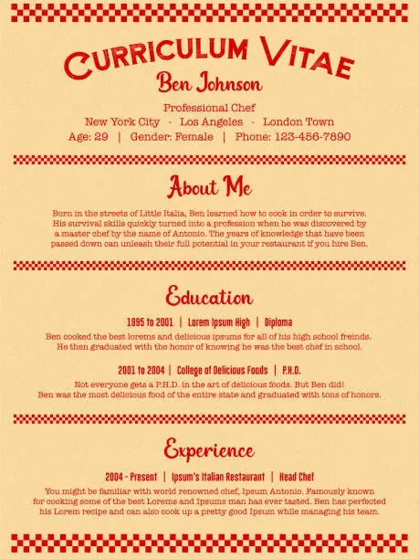 Vector illustration of Red Chef or Cook Job Resume or Curriculum Vitae Template in Clean Retro Diner Menu Style