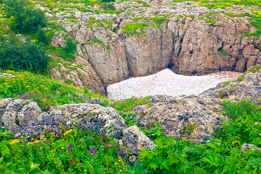 Small glacier on mountain plateau Lago-Naki. Adygea, Russia