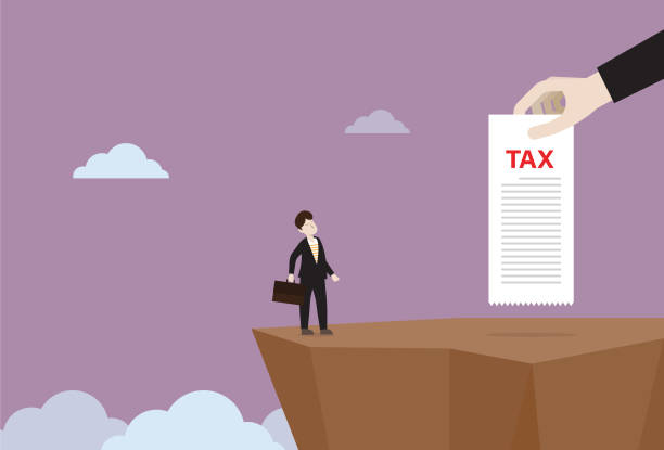 ilustrações de stock, clip art, desenhos animados e ícones de businessman stands on a cliff with a tax bill - tax poverty men currency