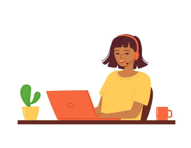 Vector illustration of Young smiling woman with headphones and a microphone with a laptop.Concept illustration for customer service, assistance, call center. Remote work from home, freelance. Vector illustration