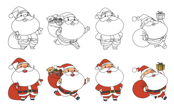 malbuch, sammlung von niedlichen weihnachts-santa - christmas christmas card greeting card greeting stock-grafiken, -clipart, -cartoons und -symbole