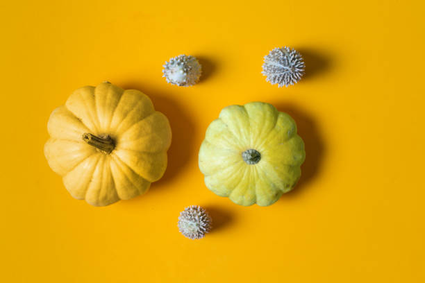 istock Autumn composition. Pumpkins on yellow background. Autumn, halloween concept. Flat design, top view. 1283163603