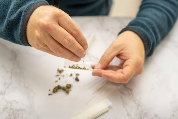istock Close Up of man's hands preparing a marijuana and hashish cigar with roller paper 1283164393
