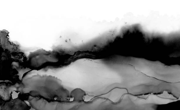 istock Abstract black and white paint blots background. Alcohol ink colors. Marble texture. Horizontal banner. 1283164666