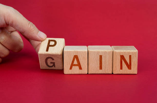 istock Wooden cubes with word pain and gain 1283164913