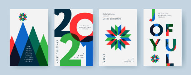 Merry Christmas and Happy New Year 2021 Set of backgrounds, greeting cards, posters, holiday covers. Merry Christmas and Happy New Year Set of backgrounds, greeting cards, posters, holiday covers. Design templates with typography, season wishes in modern minimalist style for web, social media, print modern magazine layout stock illustrations