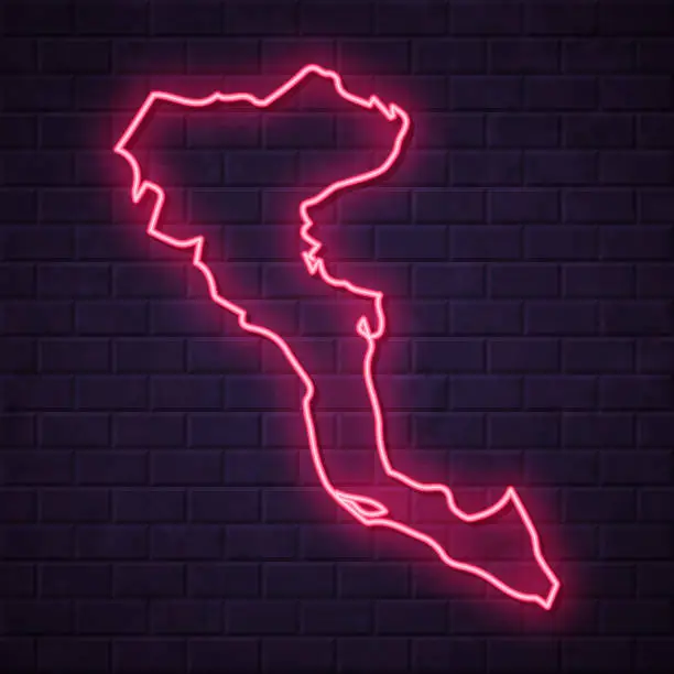 Vector illustration of Corfu map - Glowing neon sign on brick wall background