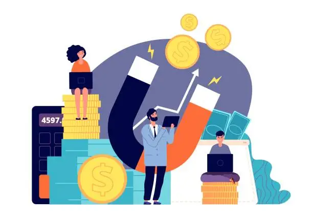 Vector illustration of Attracting investment. Wealth magnet, people attract money. Businessman and profit, cash fast loan online. Finance energy vector concept