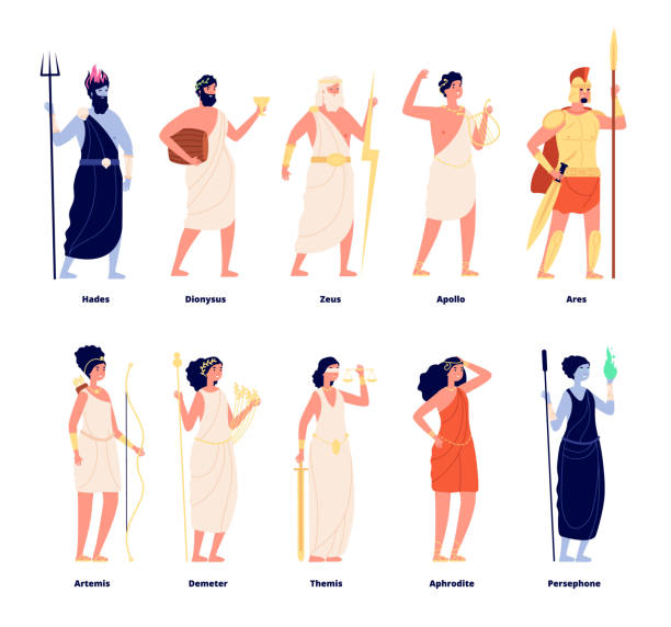 Greek gods. Mythology goddess collection. Cartoon olympians, zeus aphrodite dionysus. Isolated tale stylish characters vector illustration Greek gods. Mythology goddess collection. Cartoon olympians, zeus aphrodite dionysus. Isolated tale stylish characters vector illustration. Greek goddess collection, ancient mythology greek god poseidon backgrounds stock illustrations