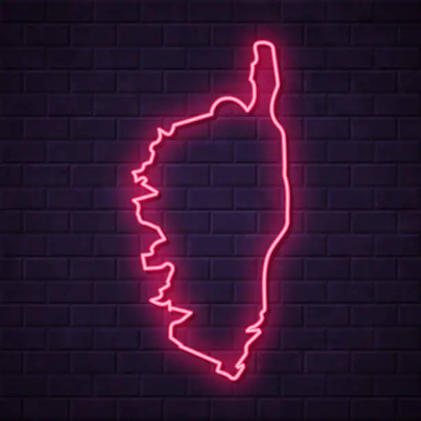 Vector illustration of Corsica map - Glowing neon sign on brick wall background