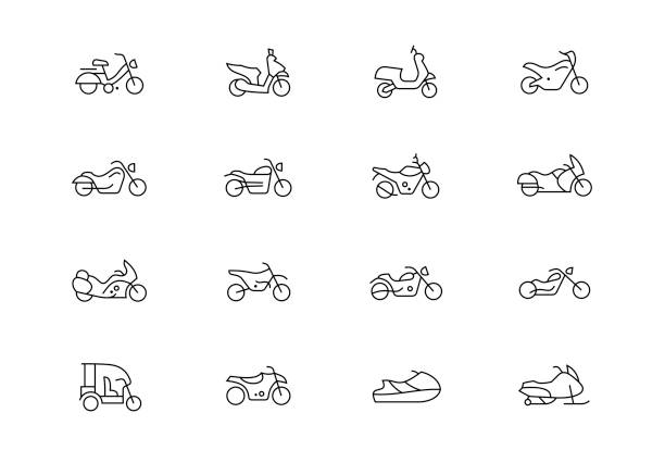 ilustrações, clipart, desenhos animados e ícones de motocicletas ícones vetores de linha fina. traçado editável - motorcycle motocross biker moped