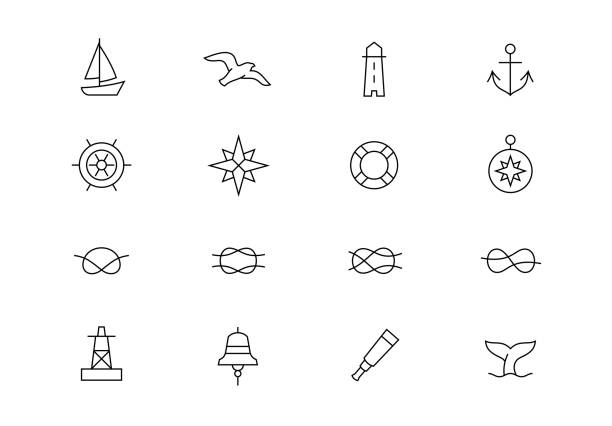 Nautical thin line vector icons. Editable stroke Nautical vector icon set bellcaptain stock illustrations