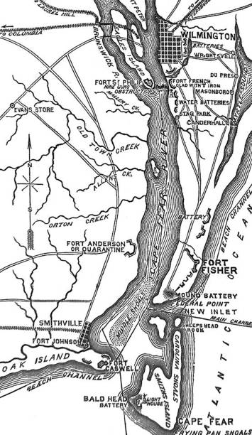 Antique illustration - Civil War - map of harbor and defenses of Wilmington - North Carolina Antique illustration cape fear stock illustrations