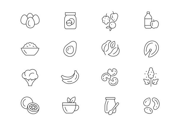 Slimming food thin line vector icons. Editable stroke Dieting food vector icon set atkins diet stock illustrations